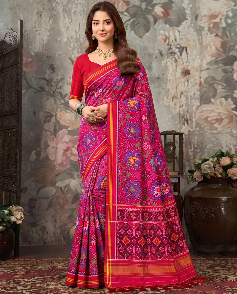 Elephants and tulips in an indigo twilight, closing in maroon and gold. Handloom single ikat Patola from Gujarat.