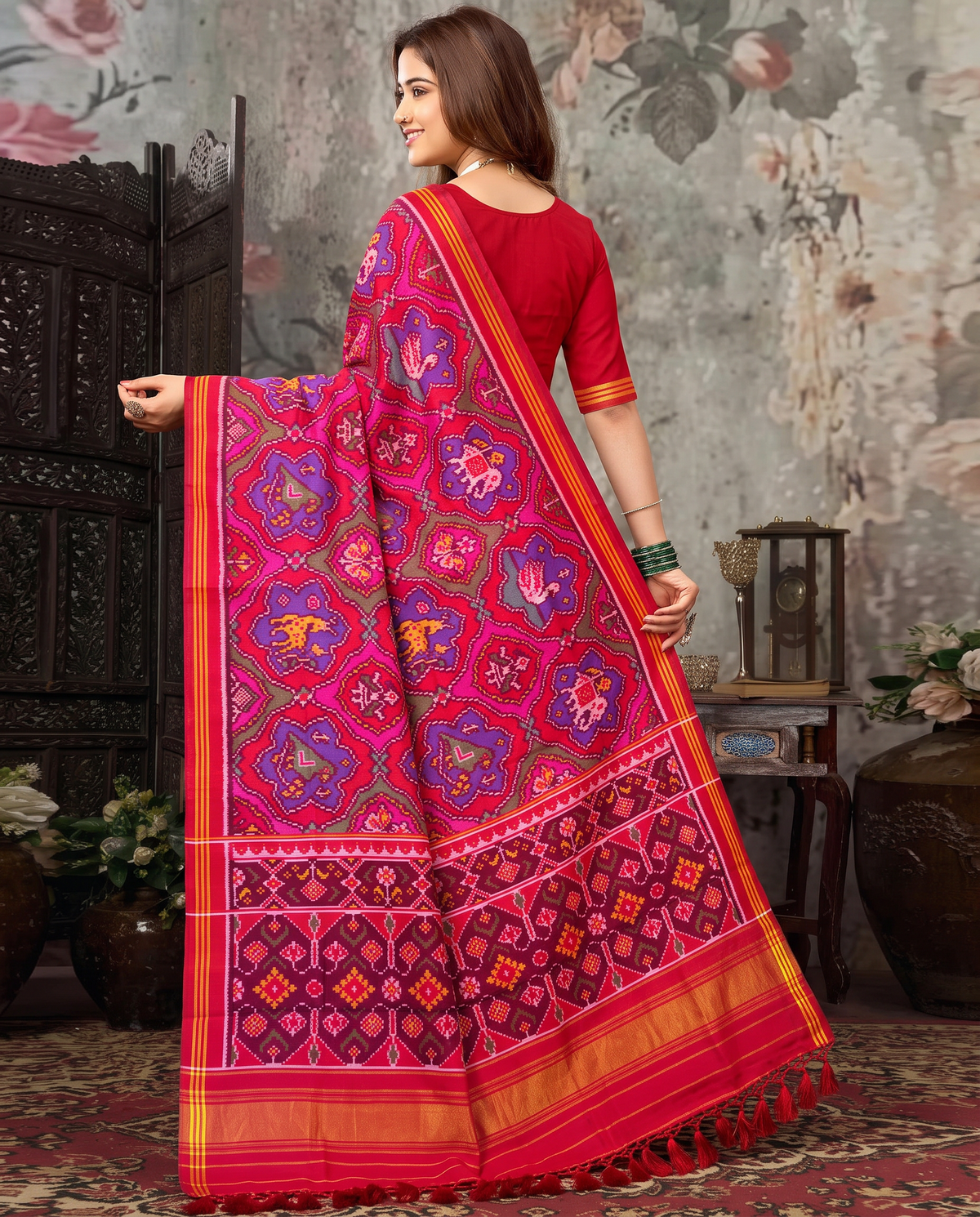 Elephants and tulips in an indigo twilight, closing in maroon and gold. Handloom single ikat Patola from Gujarat.