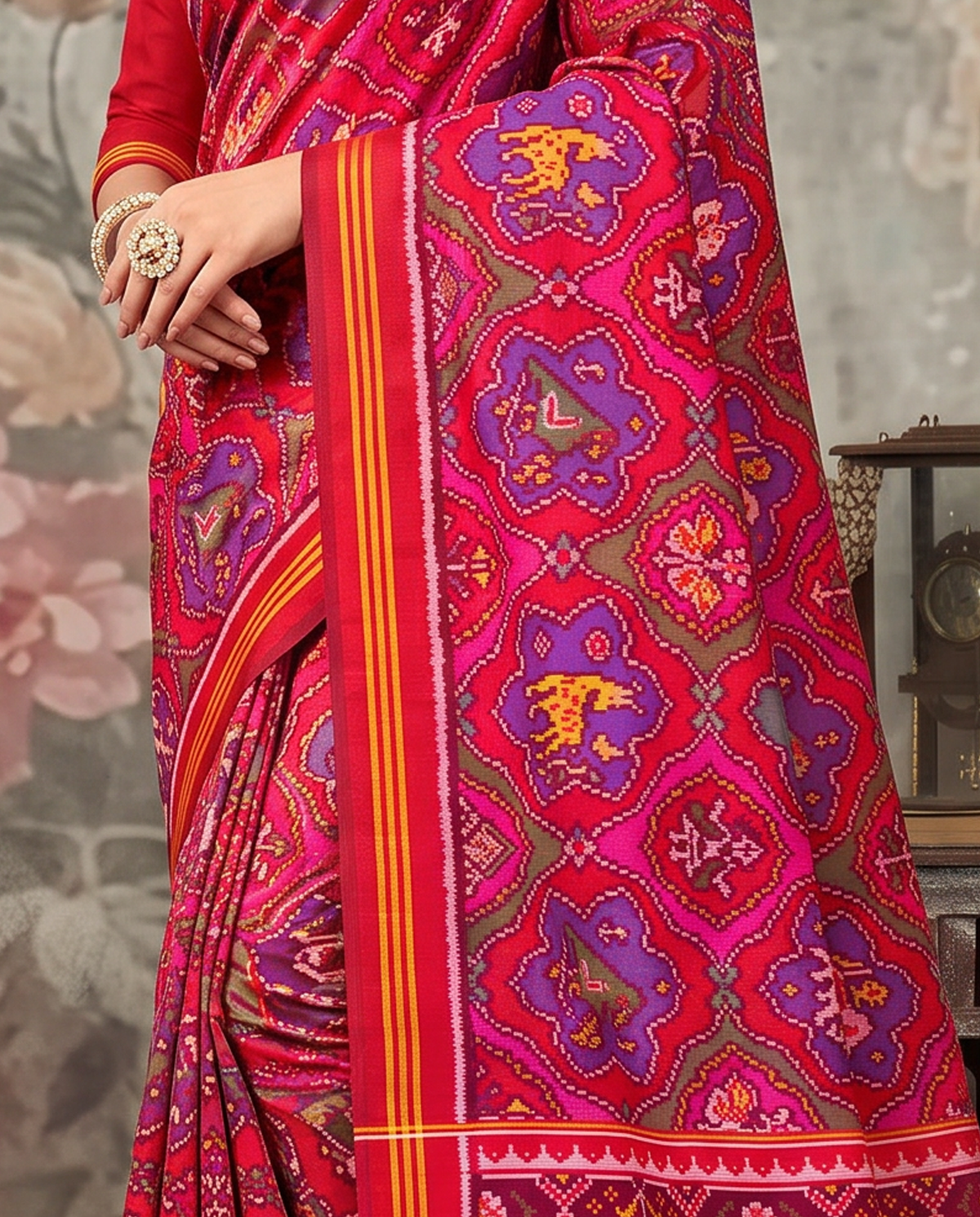Elephants and tulips in an indigo twilight, closing in maroon and gold. Handloom single ikat Patola from Gujarat.