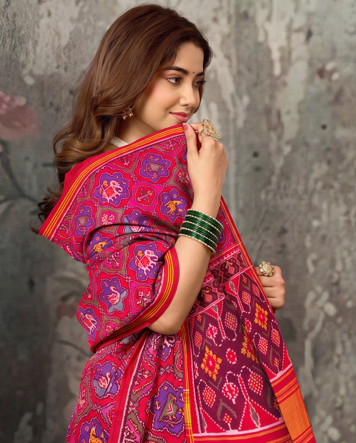 Elephants and tulips in an indigo twilight, closing in maroon and gold. Handloom single ikat Patola from Gujarat.