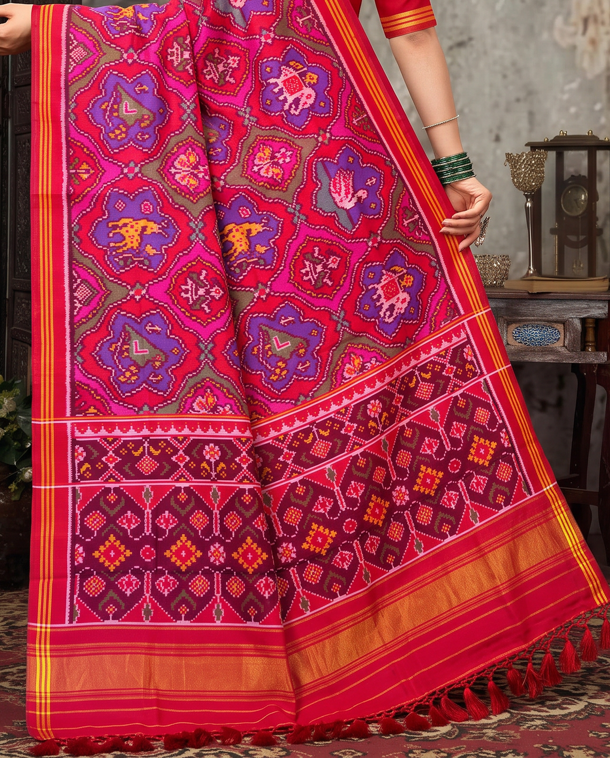 Elephants and tulips in an indigo twilight, closing in maroon and gold. Handloom single ikat Patola from Gujarat.