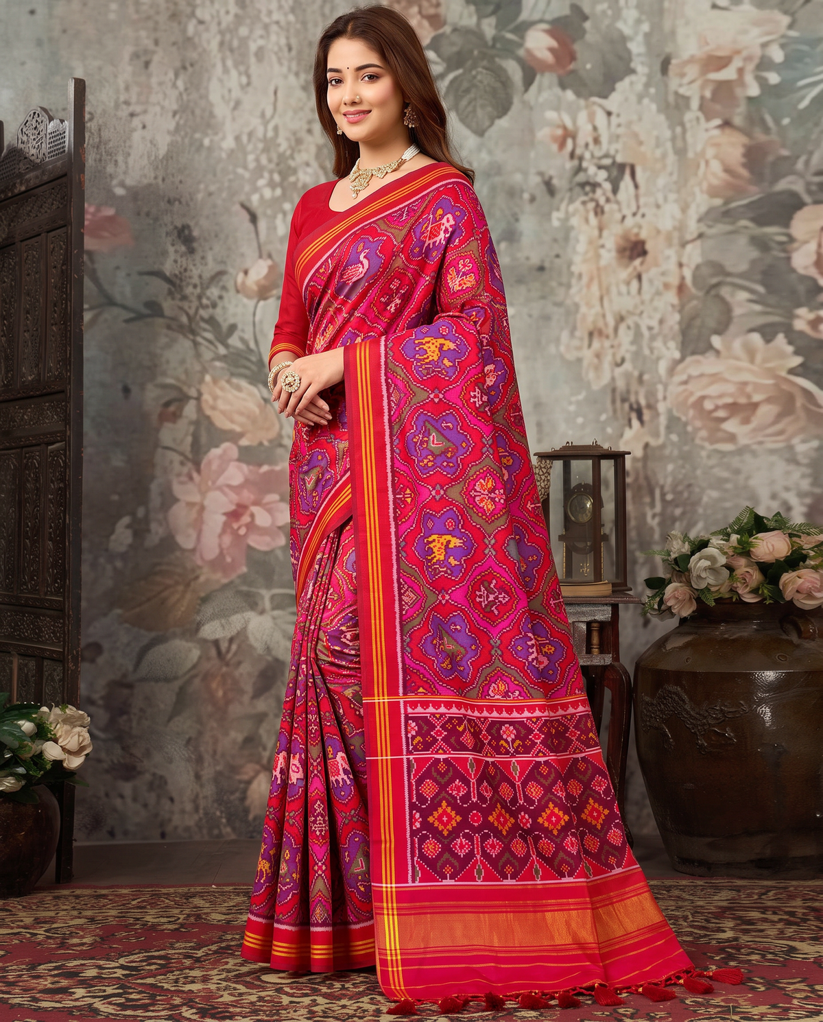 Elephants and tulips in an indigo twilight, closing in maroon and gold. Handloom single ikat Patola from Gujarat.