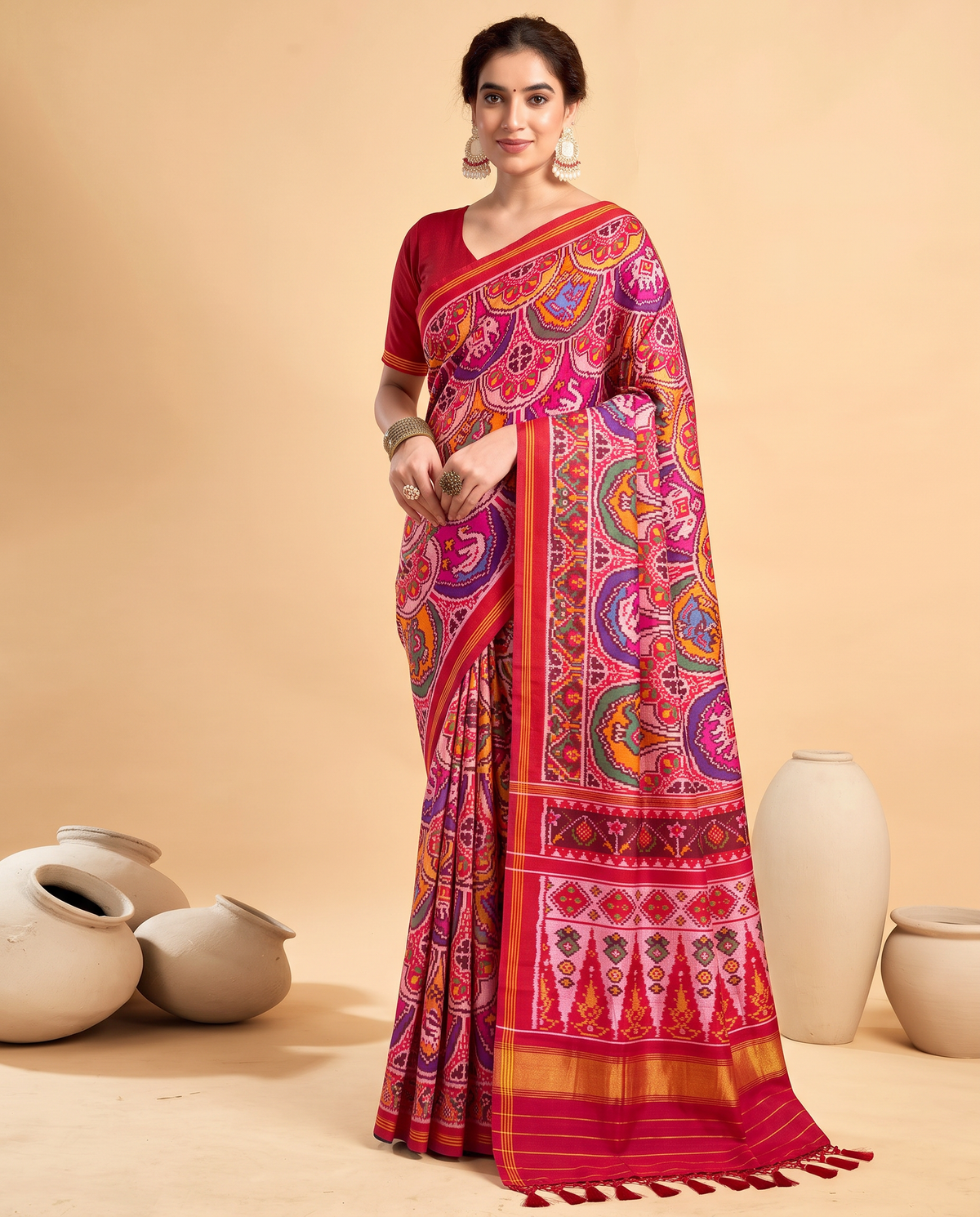 Red silk in full bloom, jewel-toned rosettes guarded by tiny golden elephants. Handloom Patola from Gujarat.