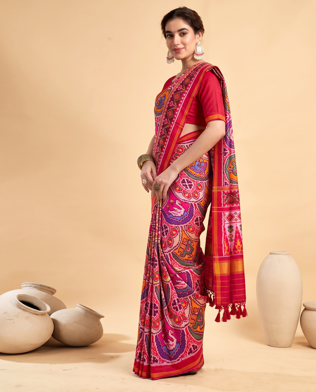 Red silk in full bloom, jewel-toned rosettes guarded by tiny golden elephants. Handloom Patola from Gujarat.