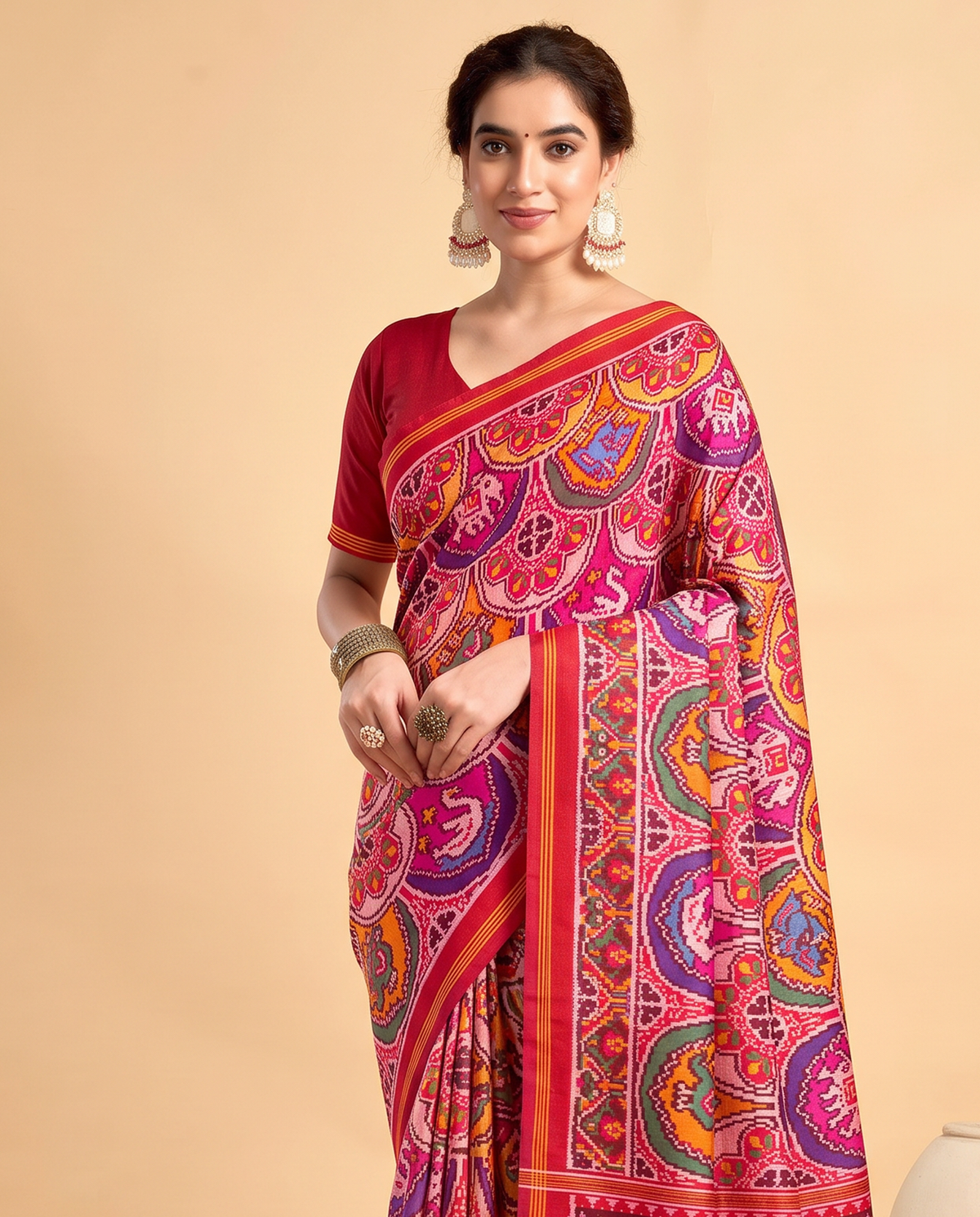 Red silk in full bloom, jewel-toned rosettes guarded by tiny golden elephants. Handloom Patola from Gujarat.