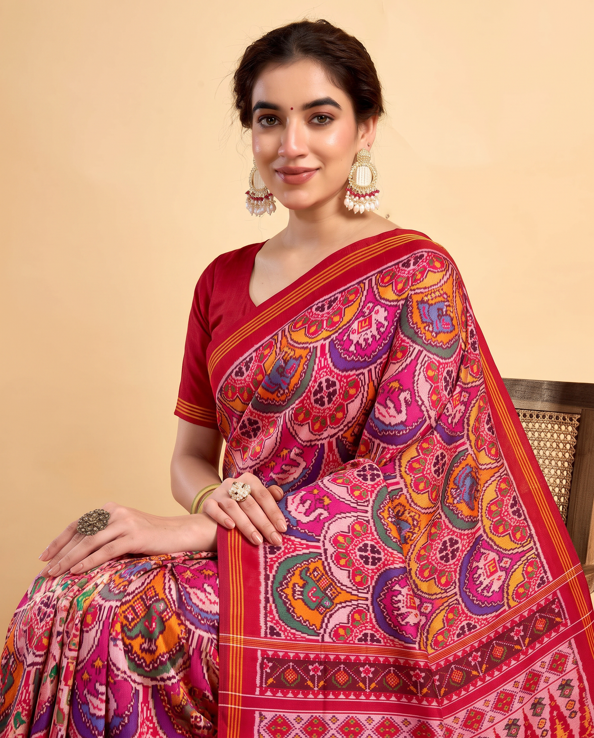 Red silk in full bloom, jewel-toned rosettes guarded by tiny golden elephants. Handloom Patola from Gujarat.
