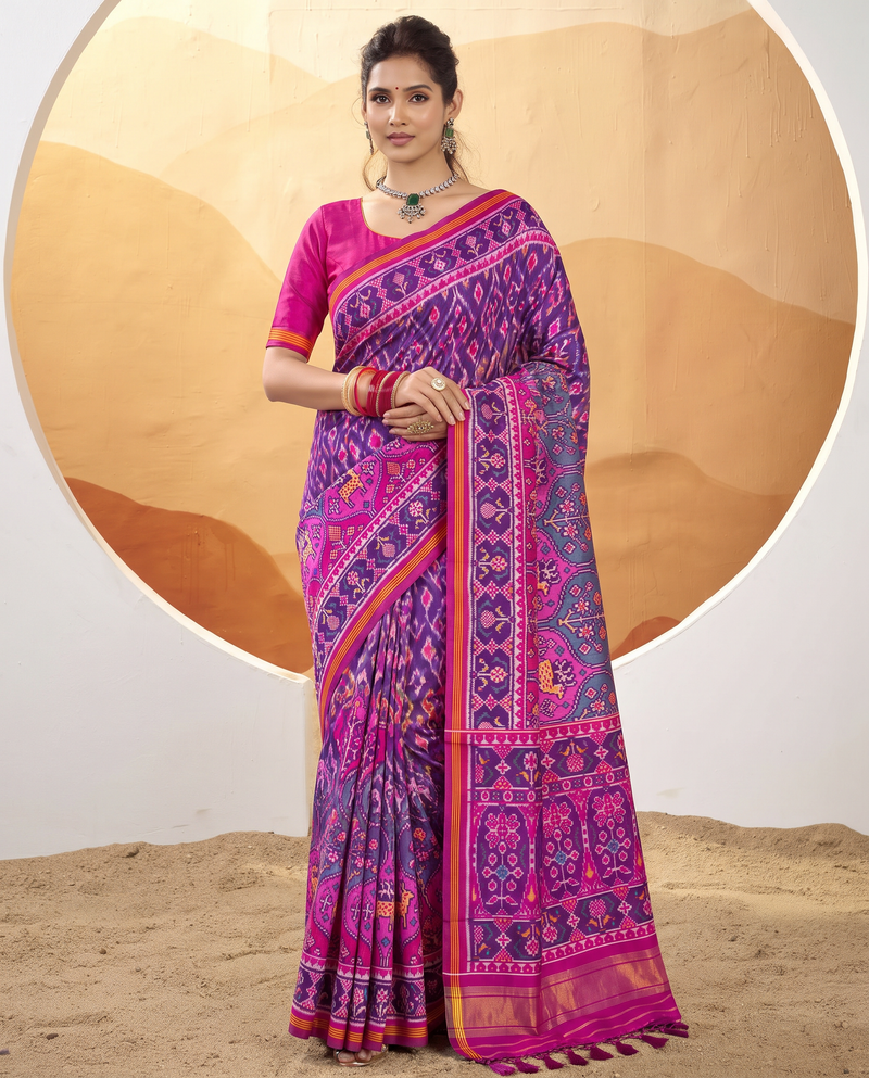 A Matka garden in magenta, where elephants and deer wander among flowering trees toward gold. Handloom Rajkot Patola from Gujarat.