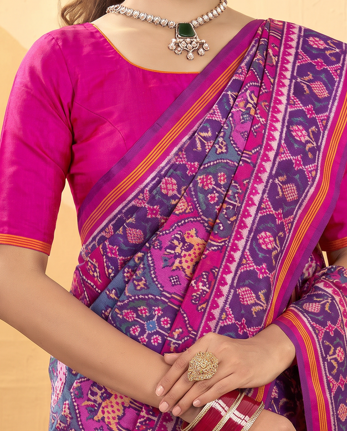 A Matka garden in magenta, where elephants and deer wander among flowering trees toward gold. Handloom Rajkot Patola from Gujarat.