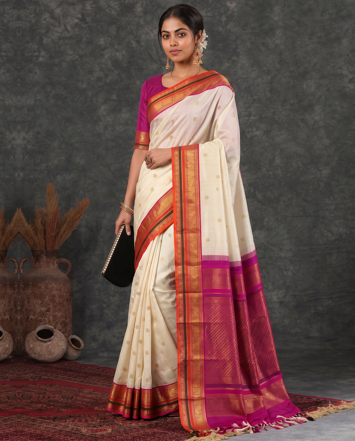 Kanjivaram - Cream with Pink