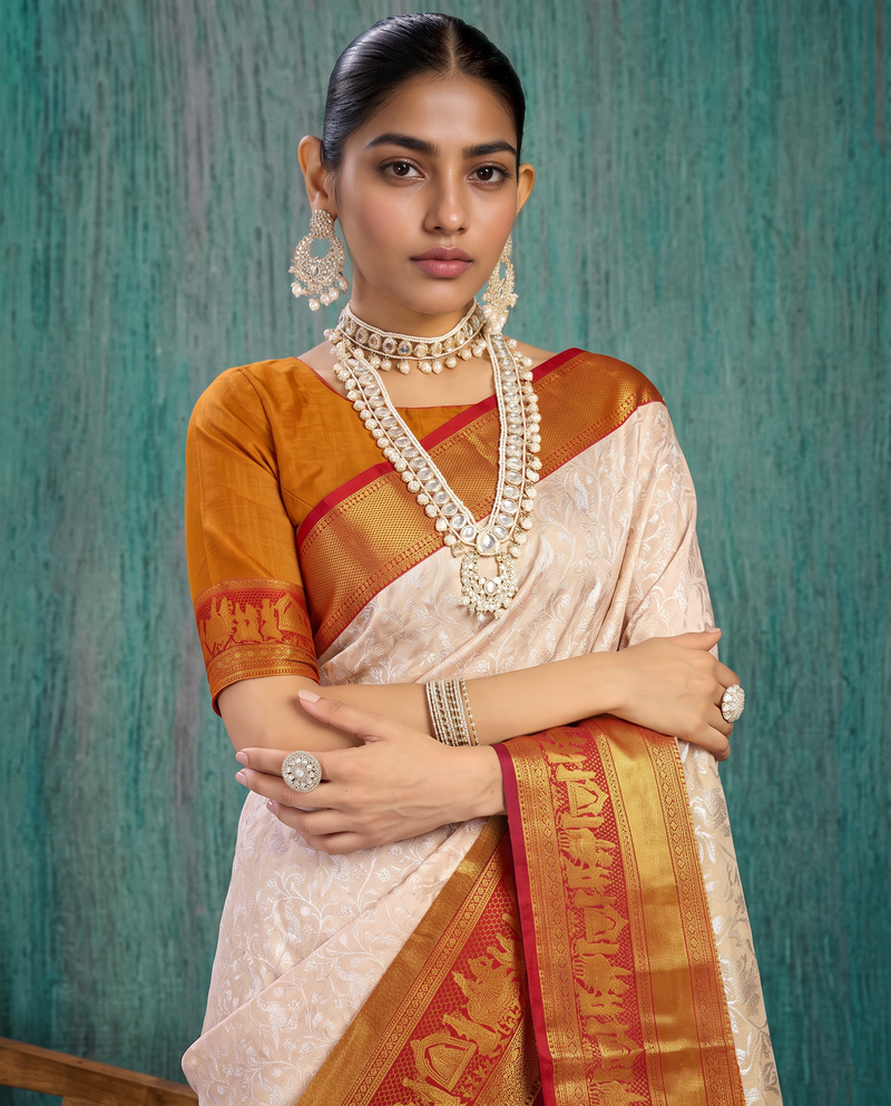 Kanjivaram - Cream with Red