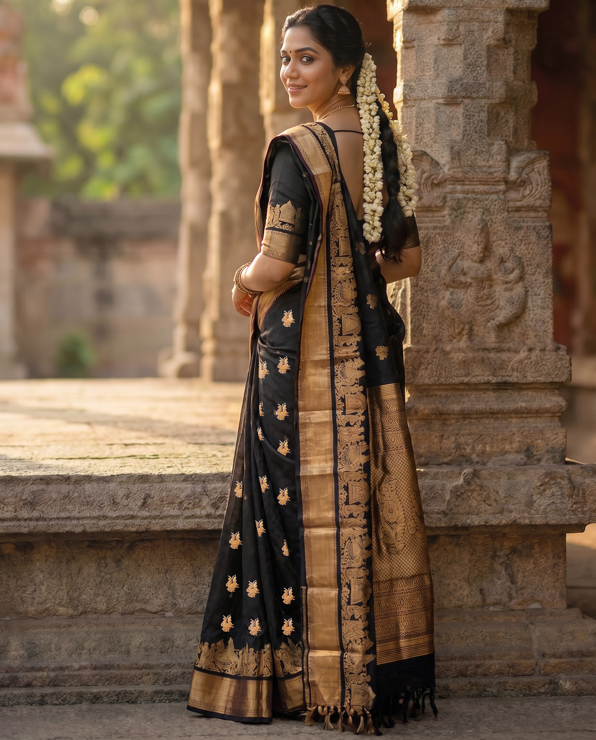 A Timeless Elegance in Jet Black & Gold – Soft-Silk Kanjivaram Handloom Silk Saree