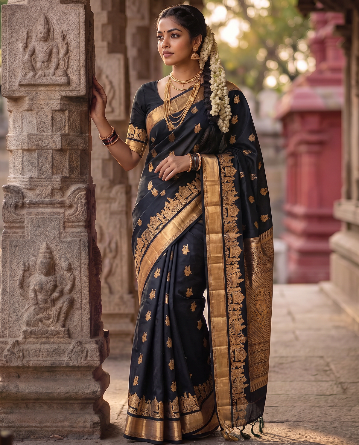 A Timeless Elegance in Jet Black & Gold – Soft-Silk Kanjivaram Handloom Silk Saree