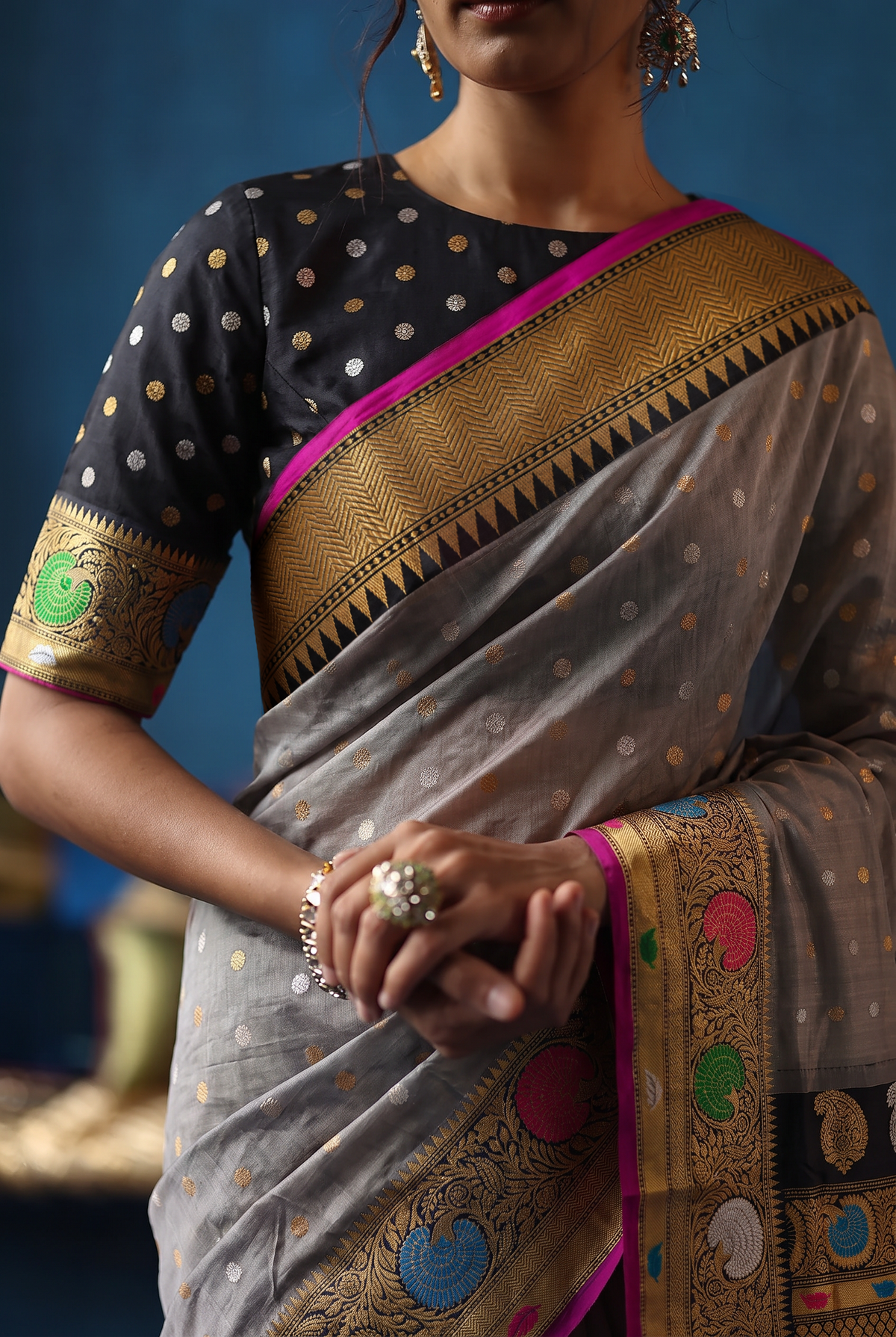 Silver dusk meets a golden night. Handloom Gadwal silk, Silk Mark certified.