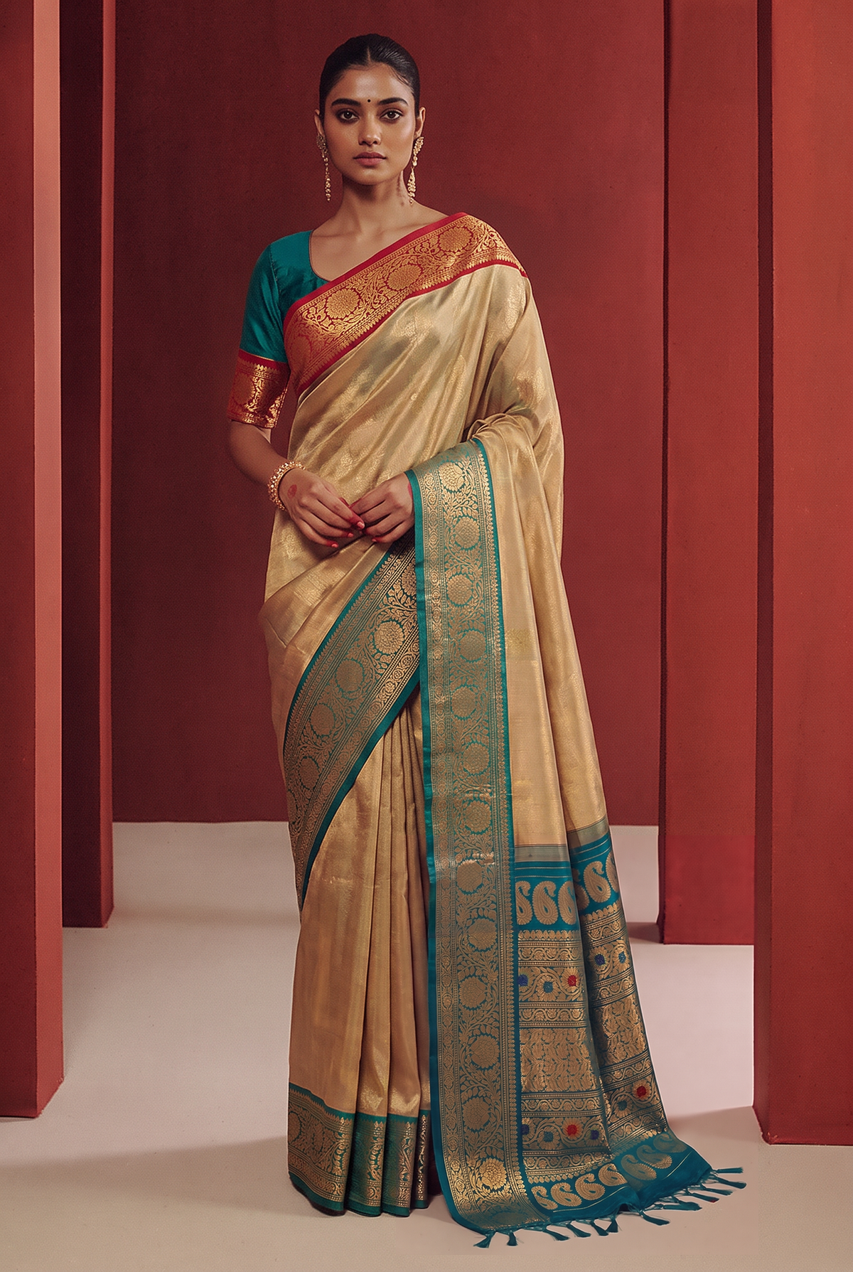 Twilight lavender, royal blue, golden paisleys. Handloom Gadwal silk.