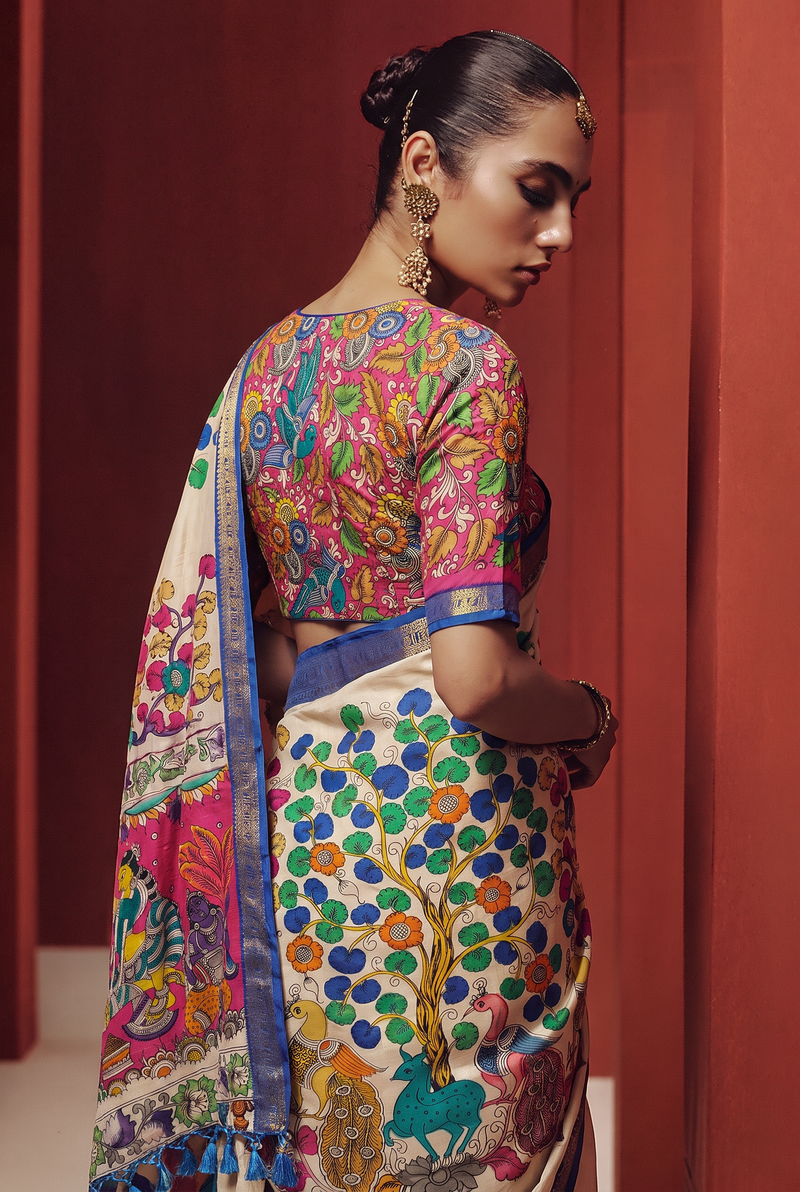 Kalahasti Kalamkari - Cream with Blue