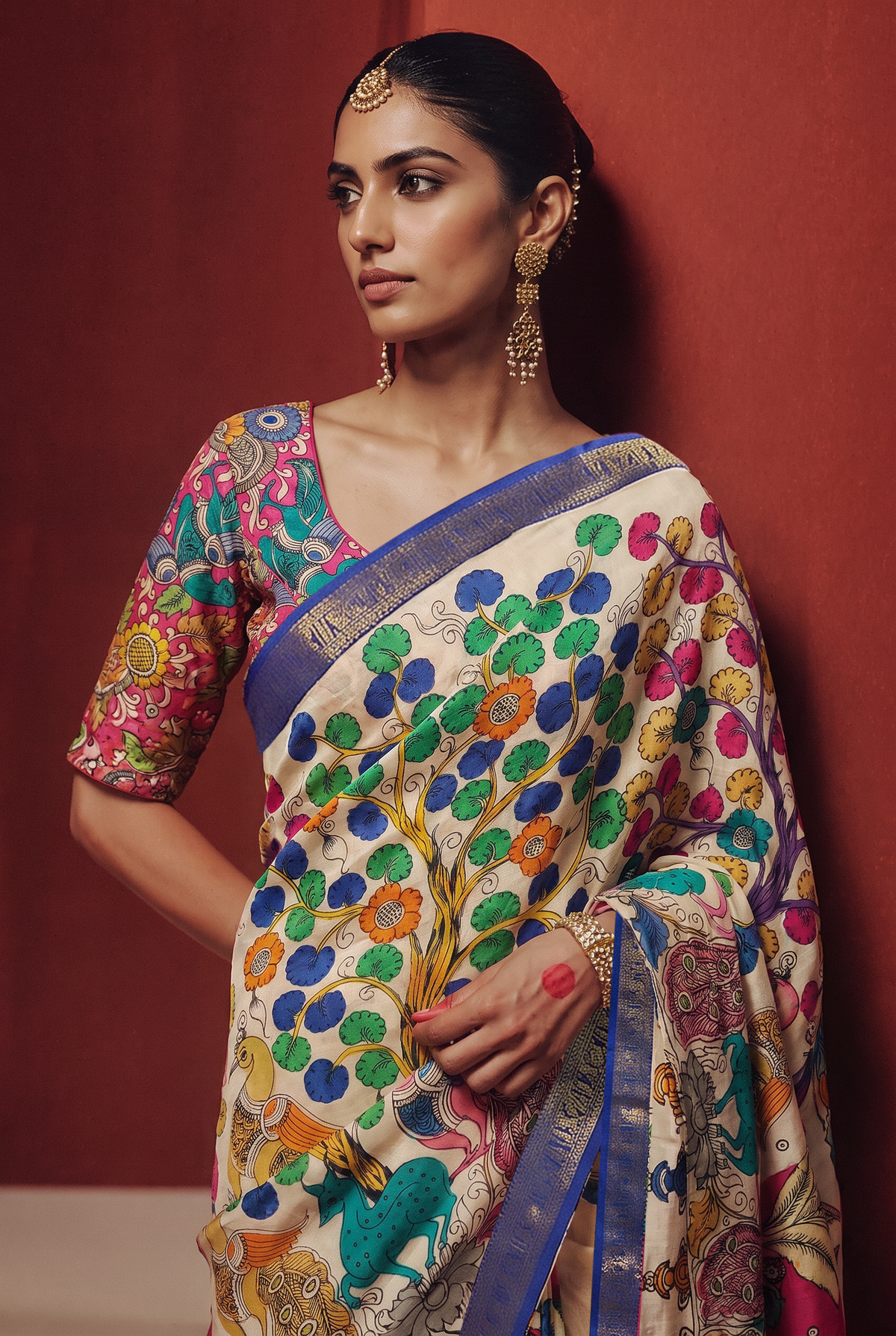 Kalahasti Kalamkari - Cream with Blue