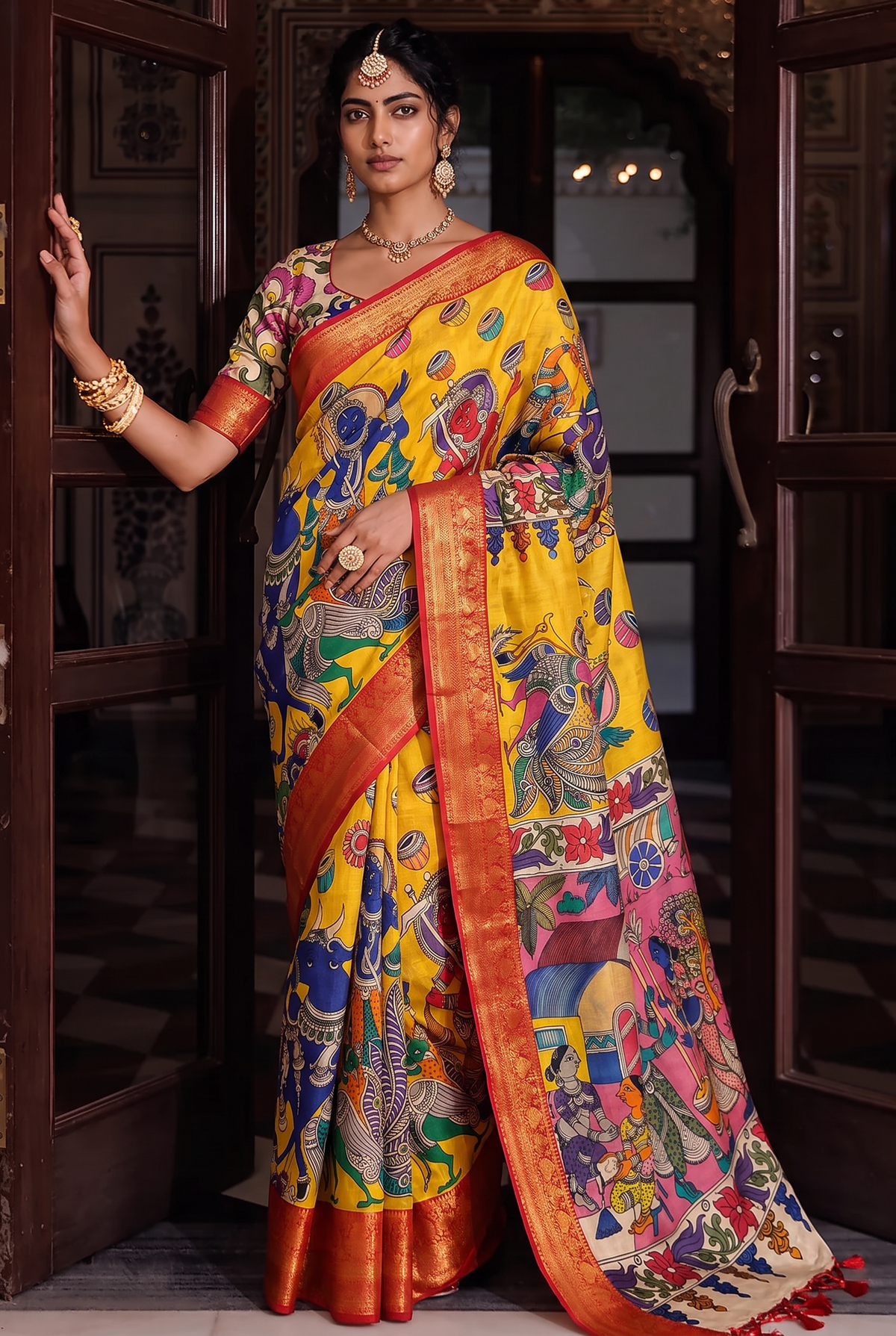 Kalahasti Kalamkari - Yellow with Red