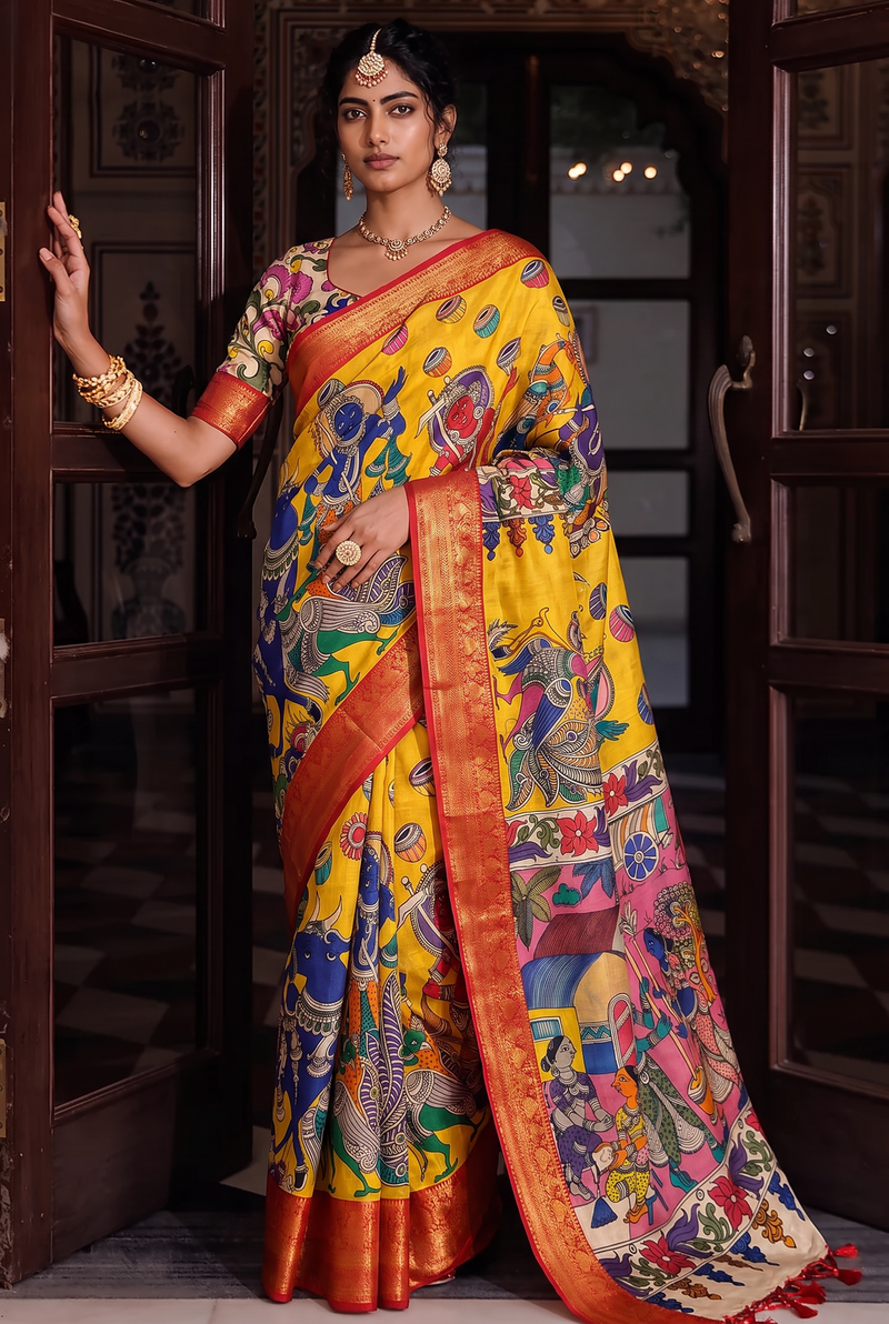 Kalahasti Kalamkari - Yellow with Red