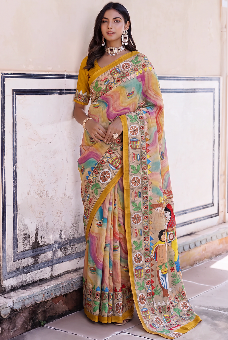From the red earth of Bolpur, Shantiniketan, comes a pure Tussar silk Kantha that carries an entire folk tale along its length, told one hand-worked stitch at a time.