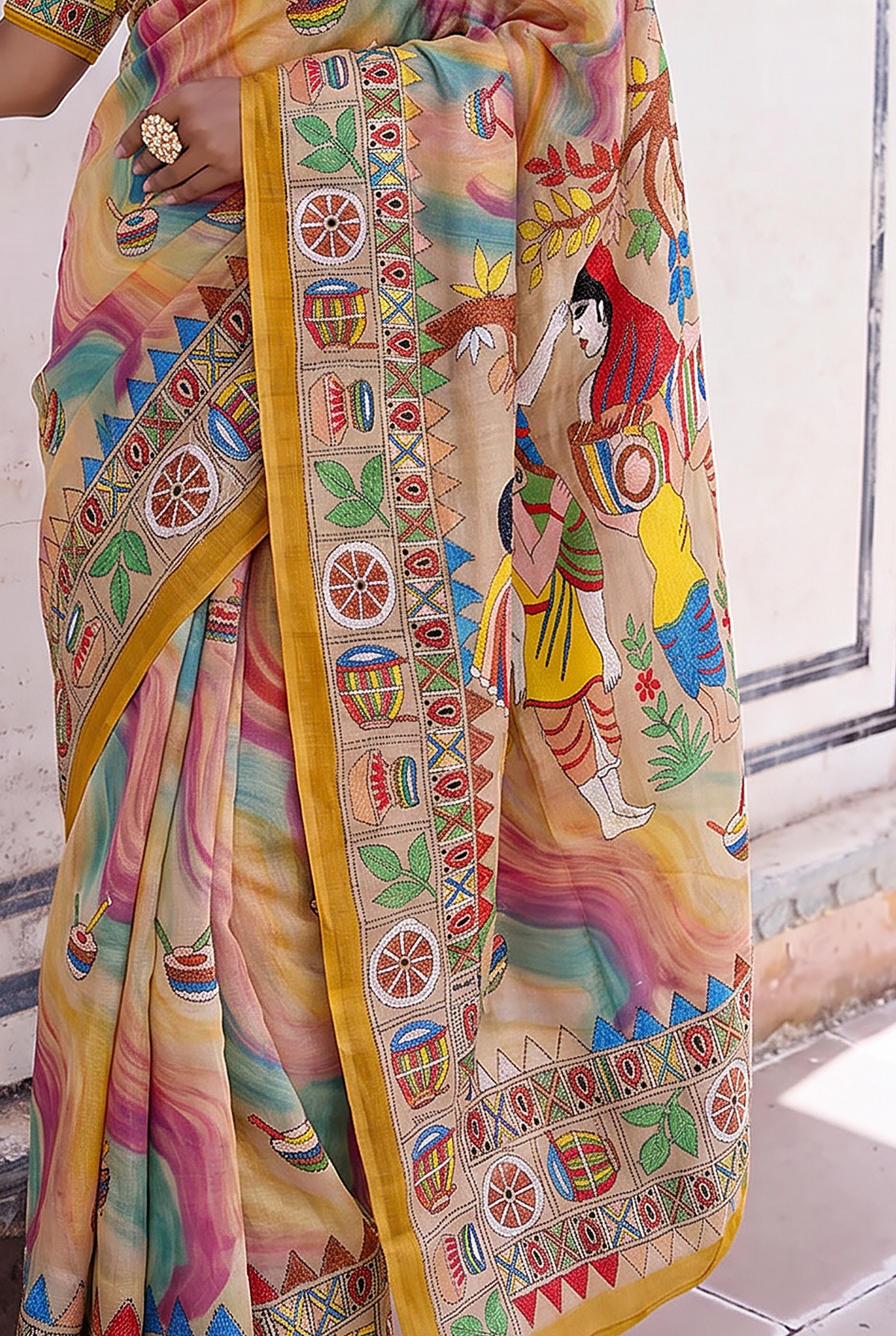 From the red earth of Bolpur, Shantiniketan, comes a pure Tussar silk Kantha that carries an entire folk tale along its length, told one hand-worked stitch at a time.