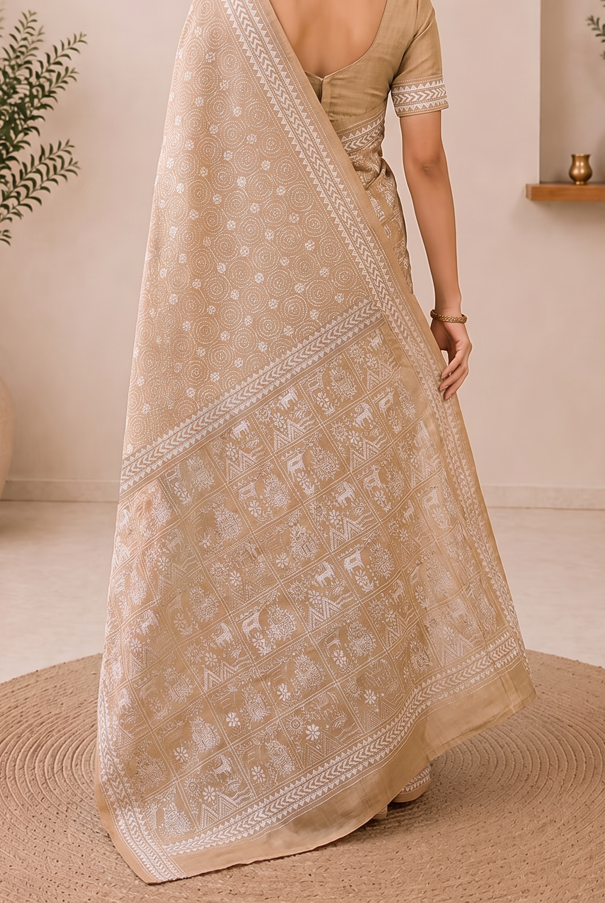 White thread on ivory silk, like moonlight in a garden. Birds, branches and blossoms bloom in hand-stitched silence across soft Gachi Tussar.