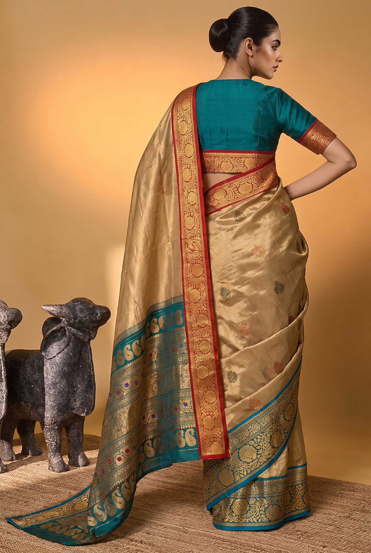 Twilight lavender, royal blue, golden paisleys. Handloom Gadwal silk.