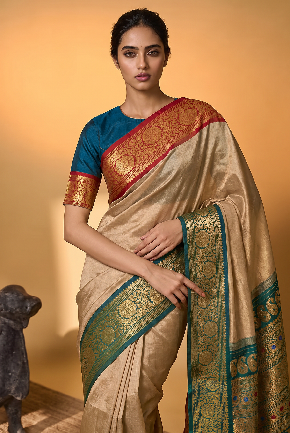 Twilight lavender, royal blue, golden paisleys. Handloom Gadwal silk.
