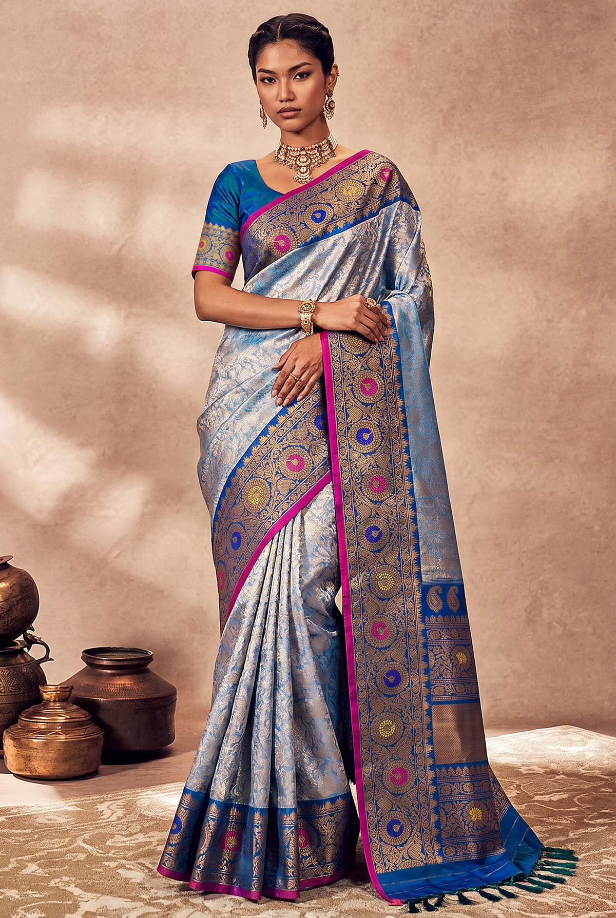 Lavender twilight, royal blue night, golden blooms. Handloom Gadwal silk.