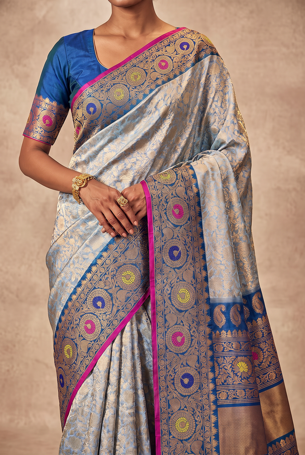 Lavender twilight, royal blue night, golden blooms. Handloom Gadwal silk.