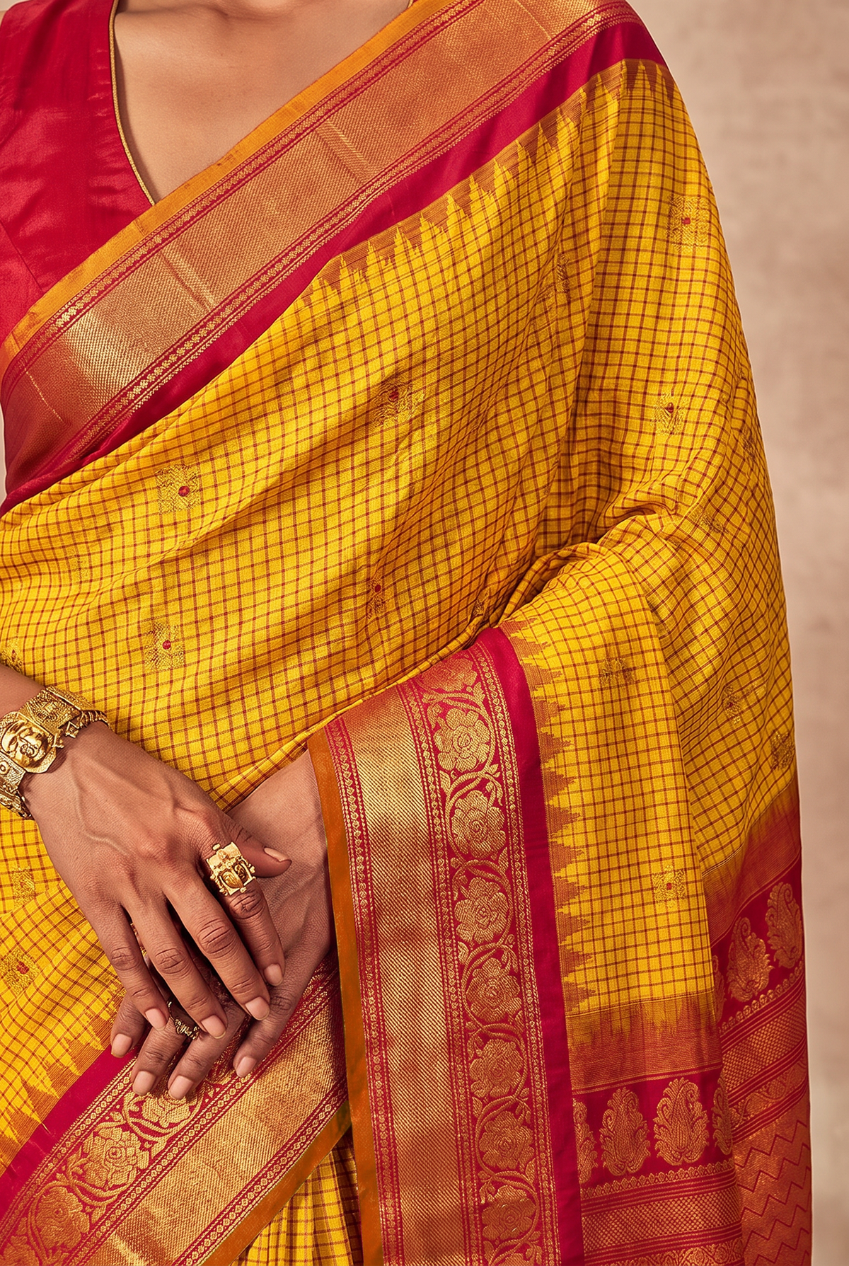 'Vasanta' Yellow and Red Pure Silk Gadwal Handloom Saree