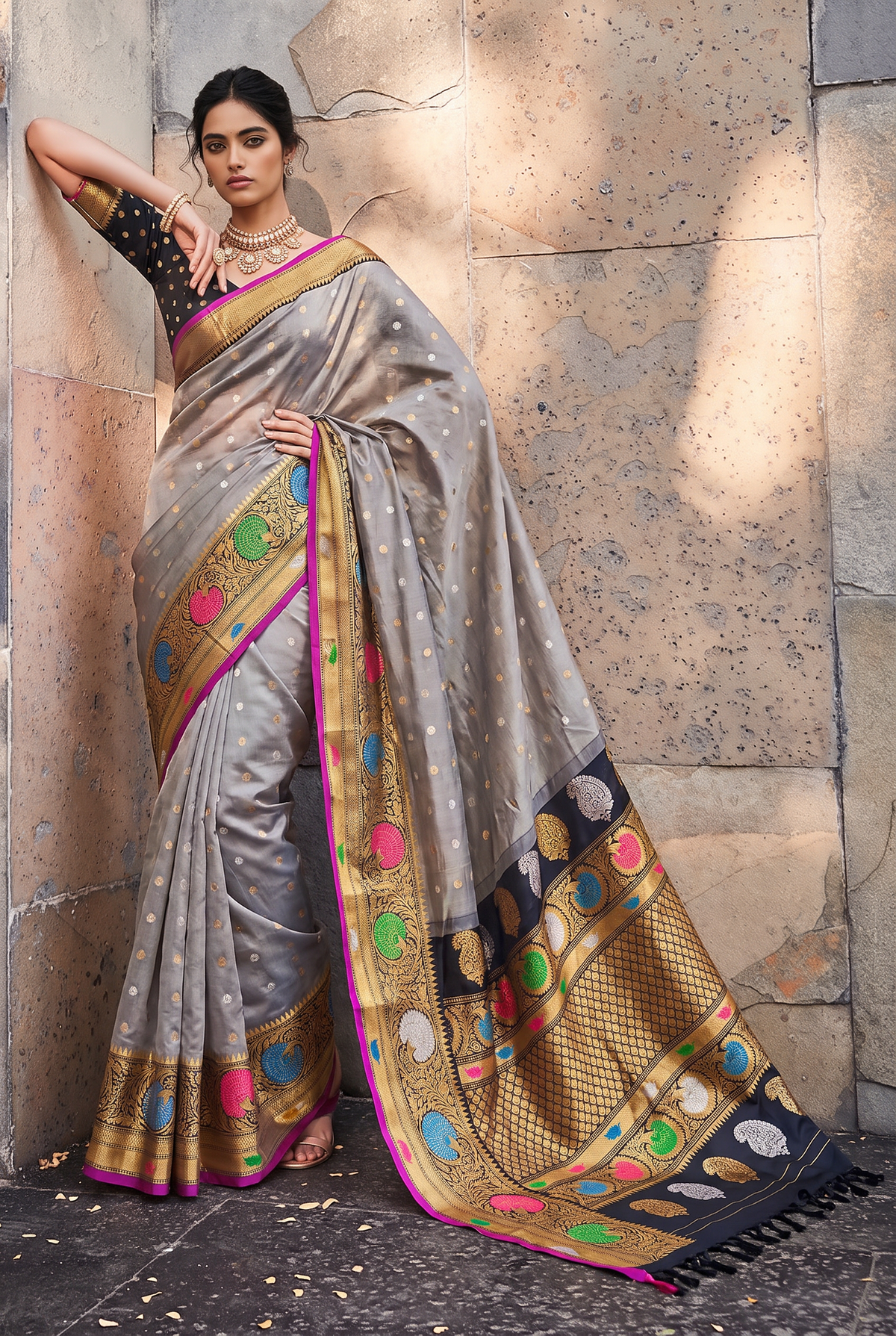 Silver dusk meets a golden night. Handloom Gadwal silk, Silk Mark certified.