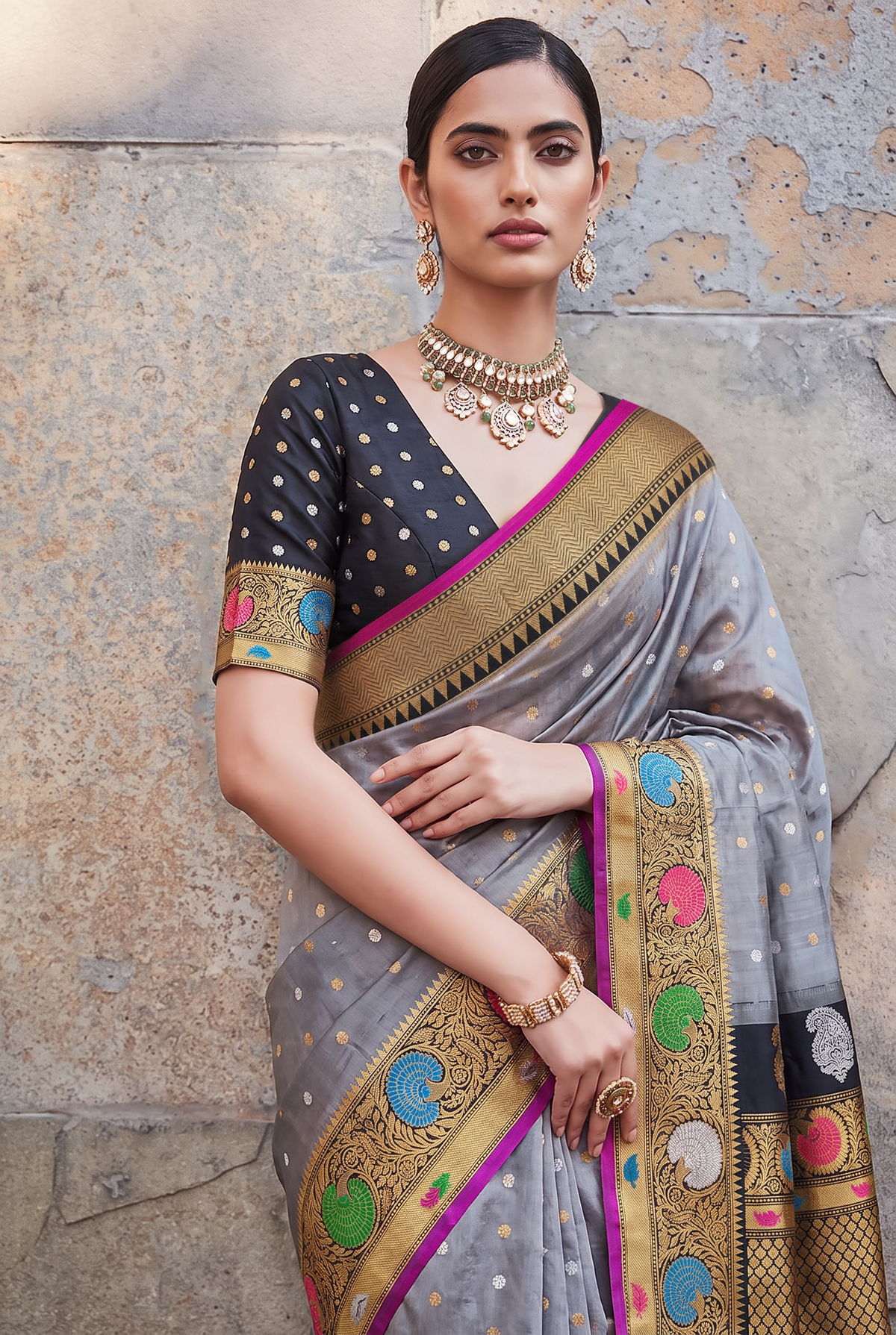 Silver dusk meets a golden night. Handloom Gadwal silk, Silk Mark certified.