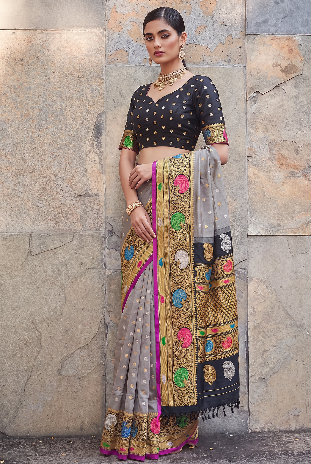 Silver dusk meets a golden night. Handloom Gadwal silk, Silk Mark certified.