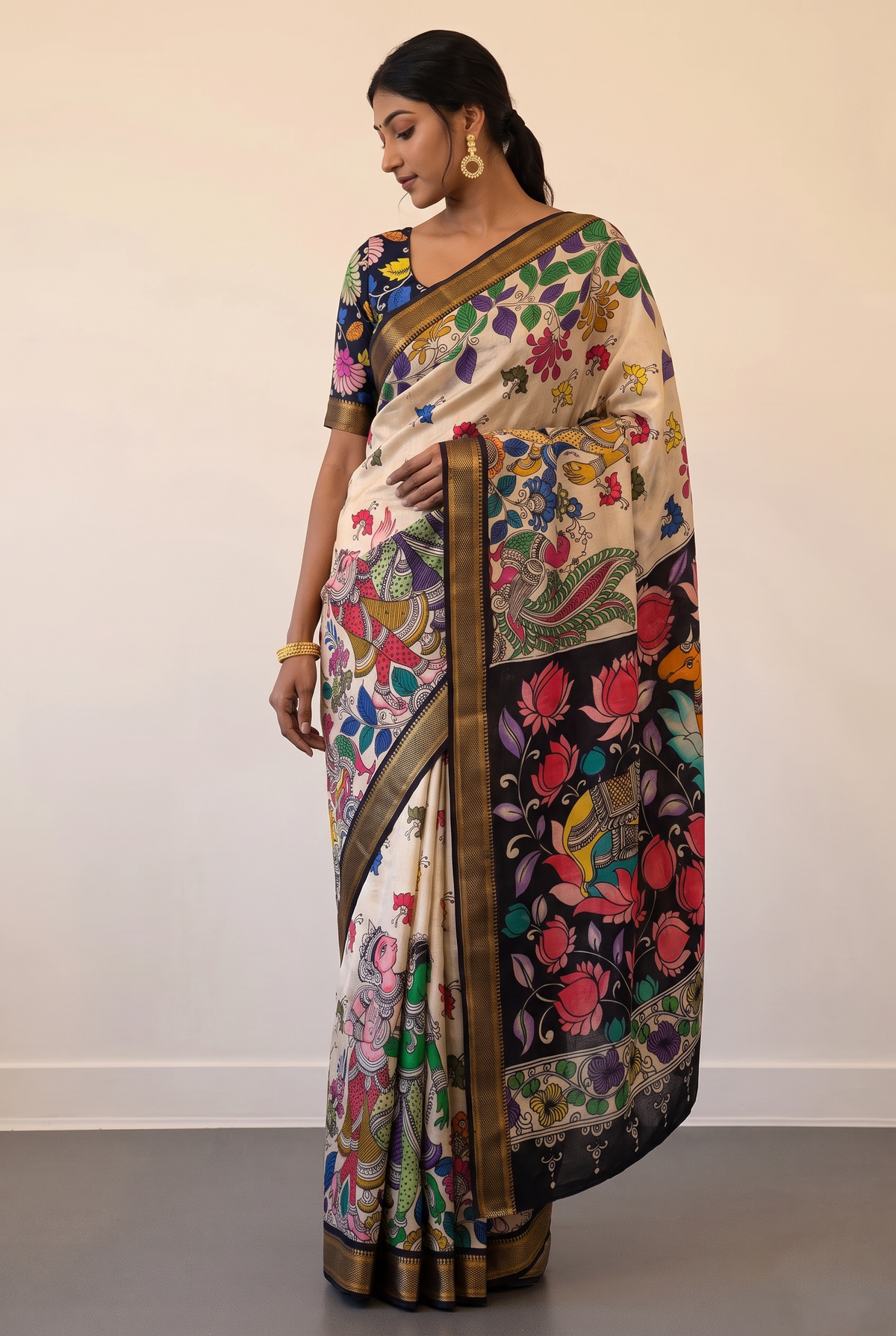 Kalahasti Kalamkari - Cream with Black