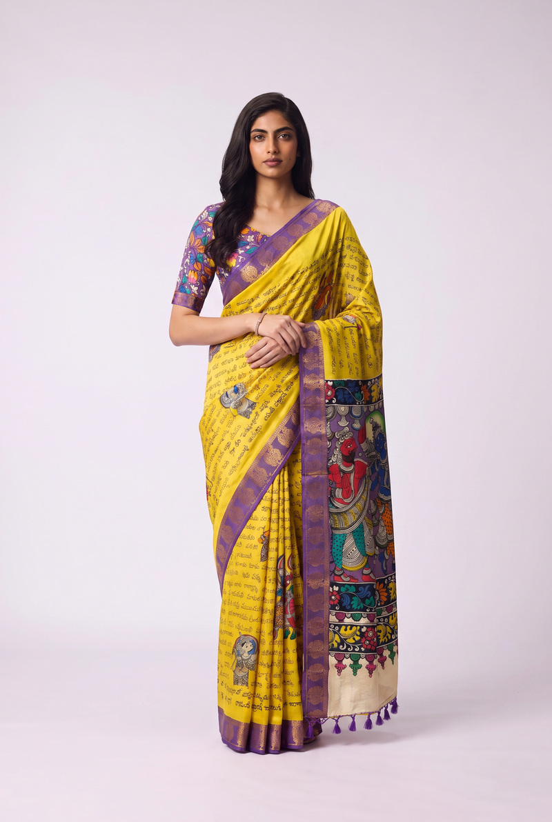 Kalahasti Kalamkari - Yellow with Purple