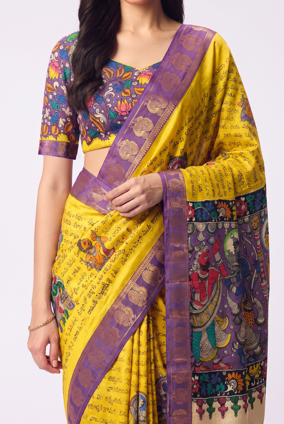 Kalahasti Kalamkari - Yellow with Purple