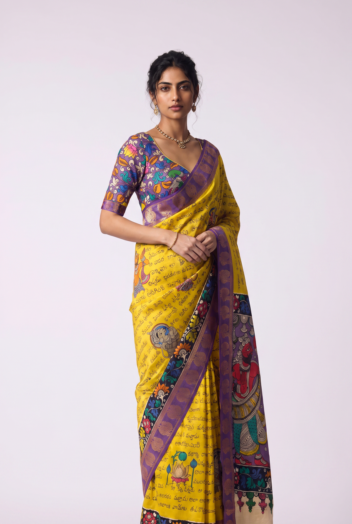 Kalahasti Kalamkari - Yellow with Purple