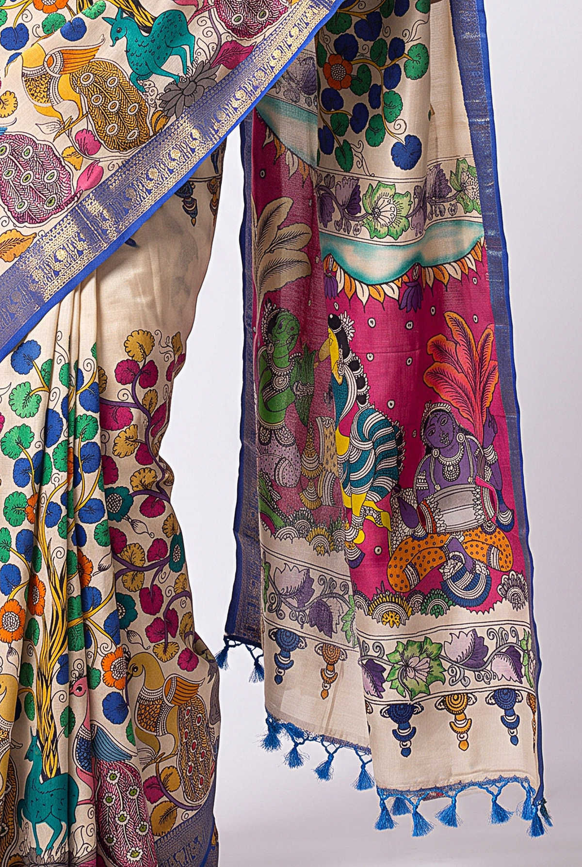Kalahasti Kalamkari - Cream with Blue