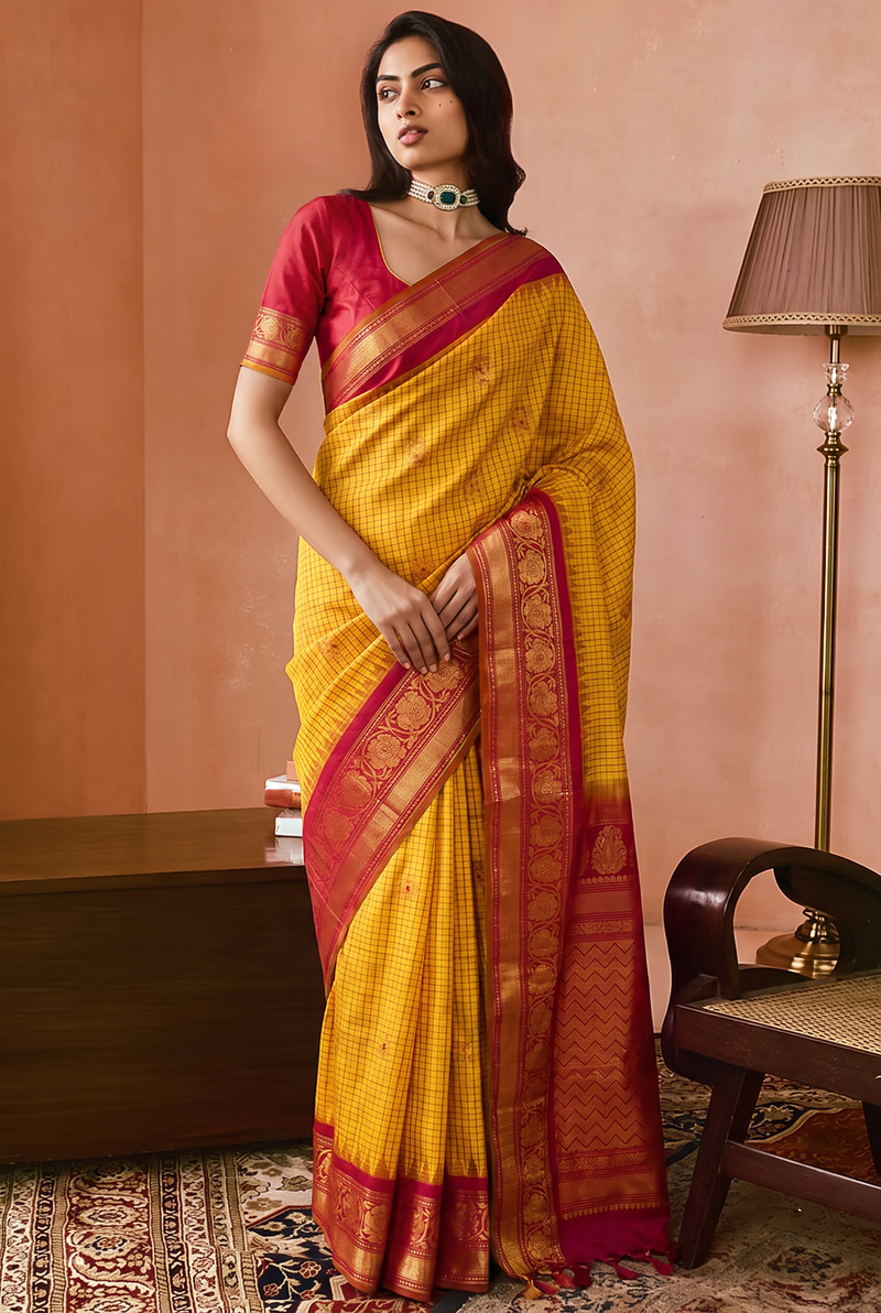 'Vasanta' Yellow and Red Pure Silk Gadwal Handloom Saree