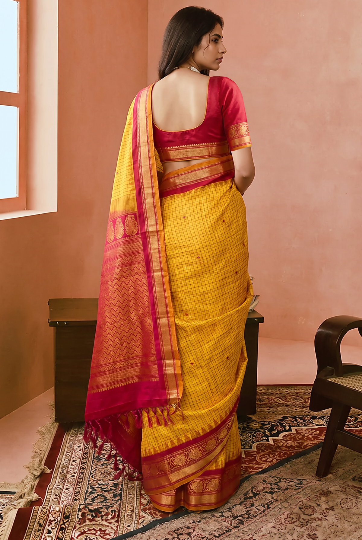 'Vasanta' Yellow and Red Pure Silk Gadwal Handloom Saree