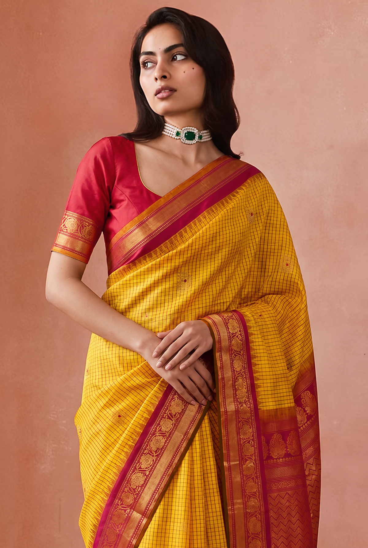 'Vasanta' Yellow and Red Pure Silk Gadwal Handloom Saree