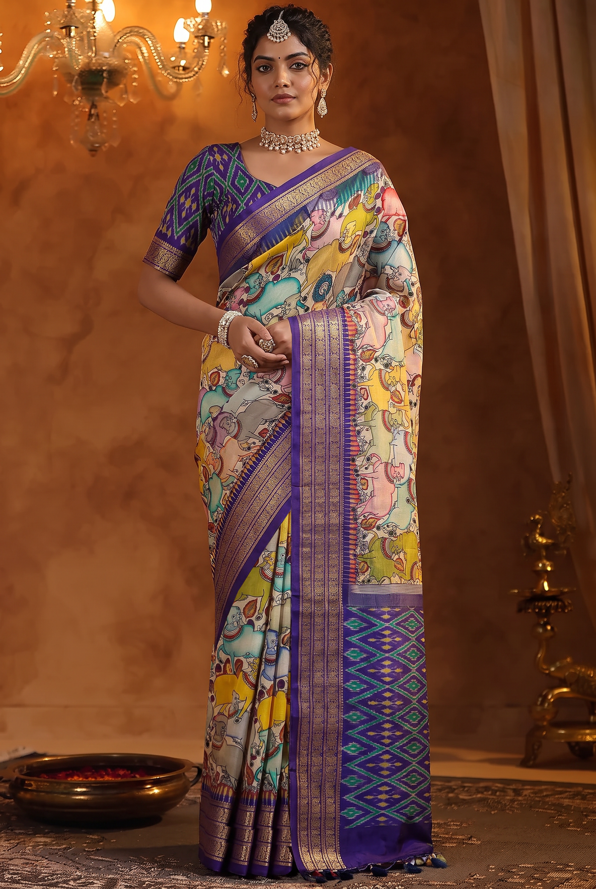 Kalahasti Kalamkari - Cream with Purple