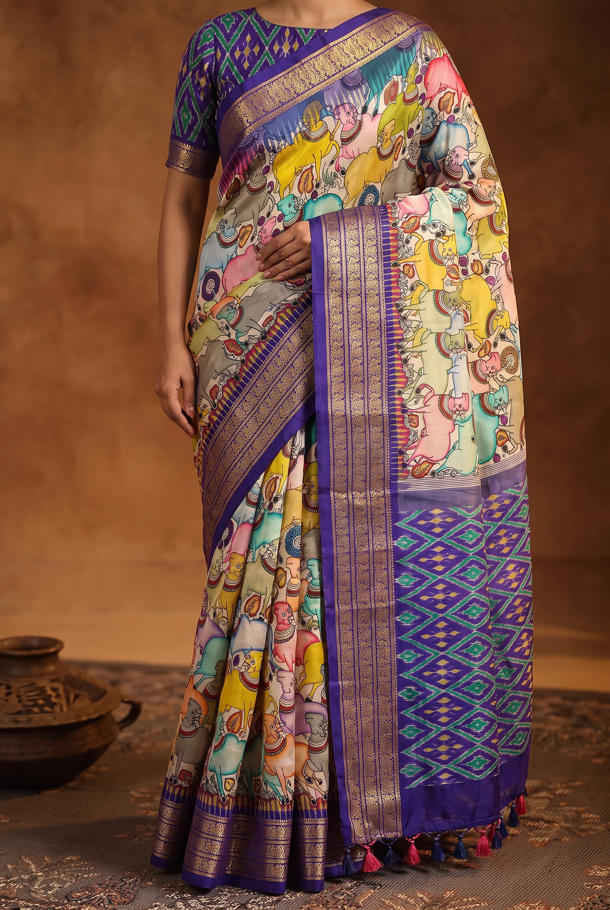 Kalahasti Kalamkari - Cream with Purple