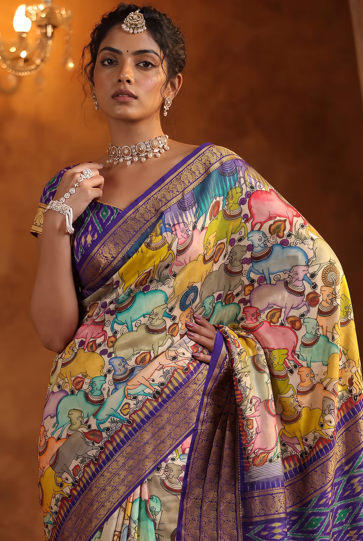 Kalahasti Kalamkari - Cream with Purple