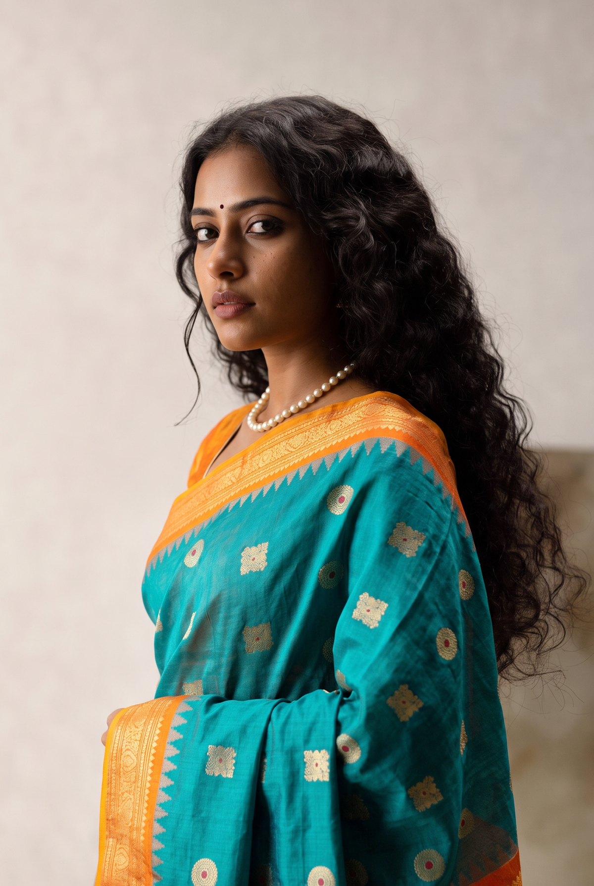 Rich teal, jewelled with ruby-dotted gold butas. A tissue-gold border that glows like liquid light, laced with diamond lattice and temple guards. Silk Mark certified handloom Gadwal silk from Telangana.