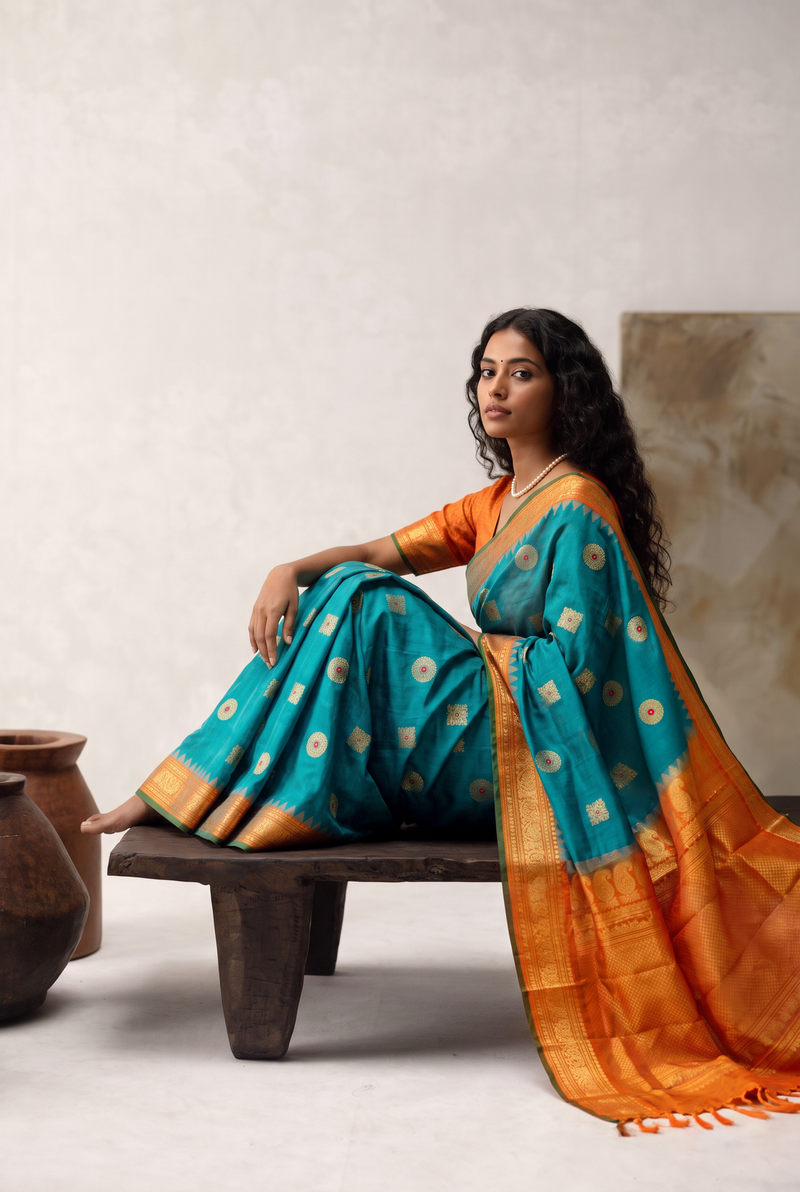 Rich teal, jewelled with ruby-dotted gold butas. A tissue-gold border that glows like liquid light, laced with diamond lattice and temple guards. Silk Mark certified handloom Gadwal silk from Telangana.