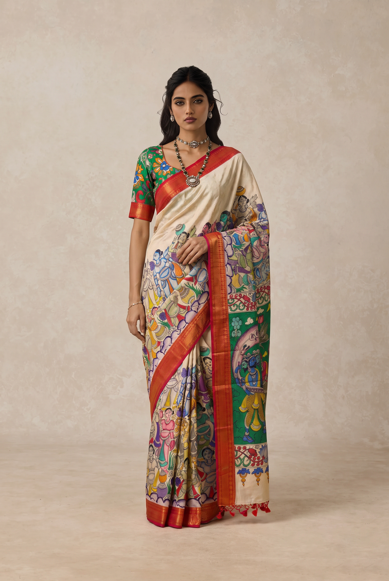 Kalahasti Kalamkari - Cream with Red