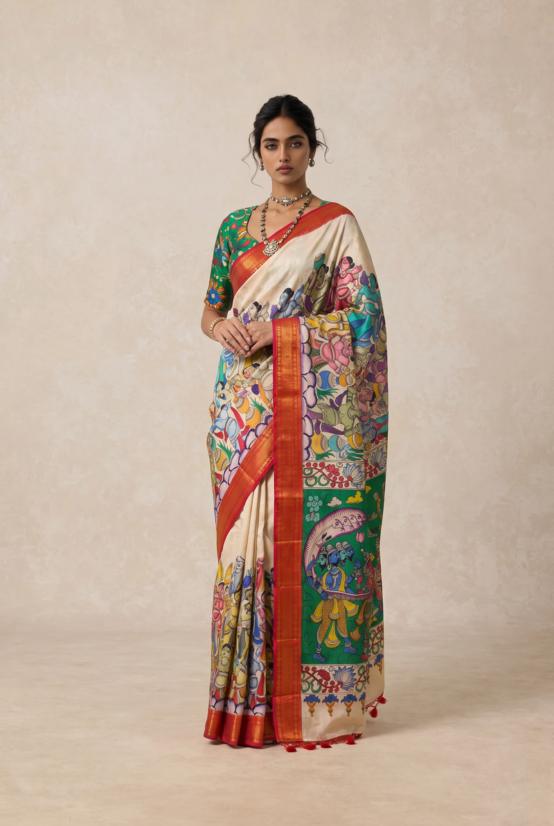 Kalahasti Kalamkari - Cream with Red