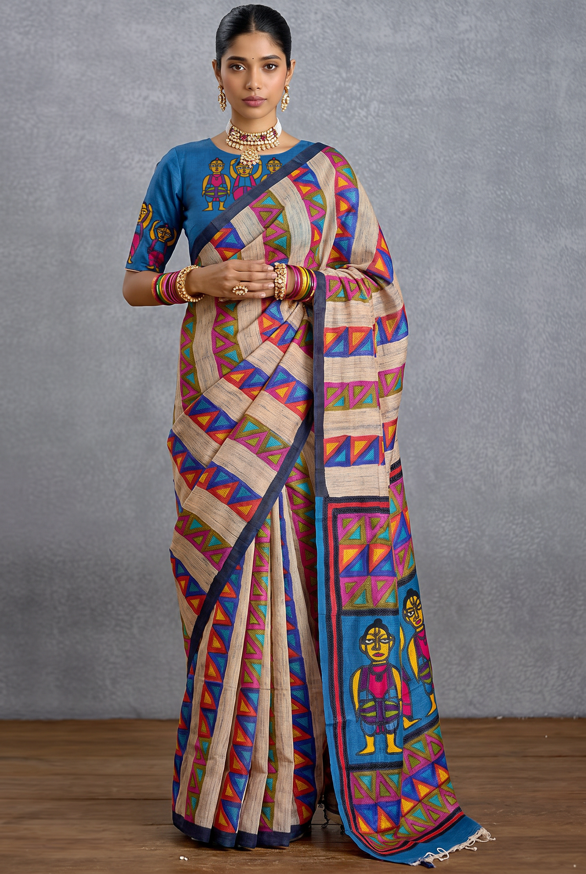 Beige-gold Tussar meets a slate blue field, where hand-stitched folk figures dance in rows, framed by bright bands of geometric triangles. Silk Mark certified handcrafted Tussar silk Kantha.